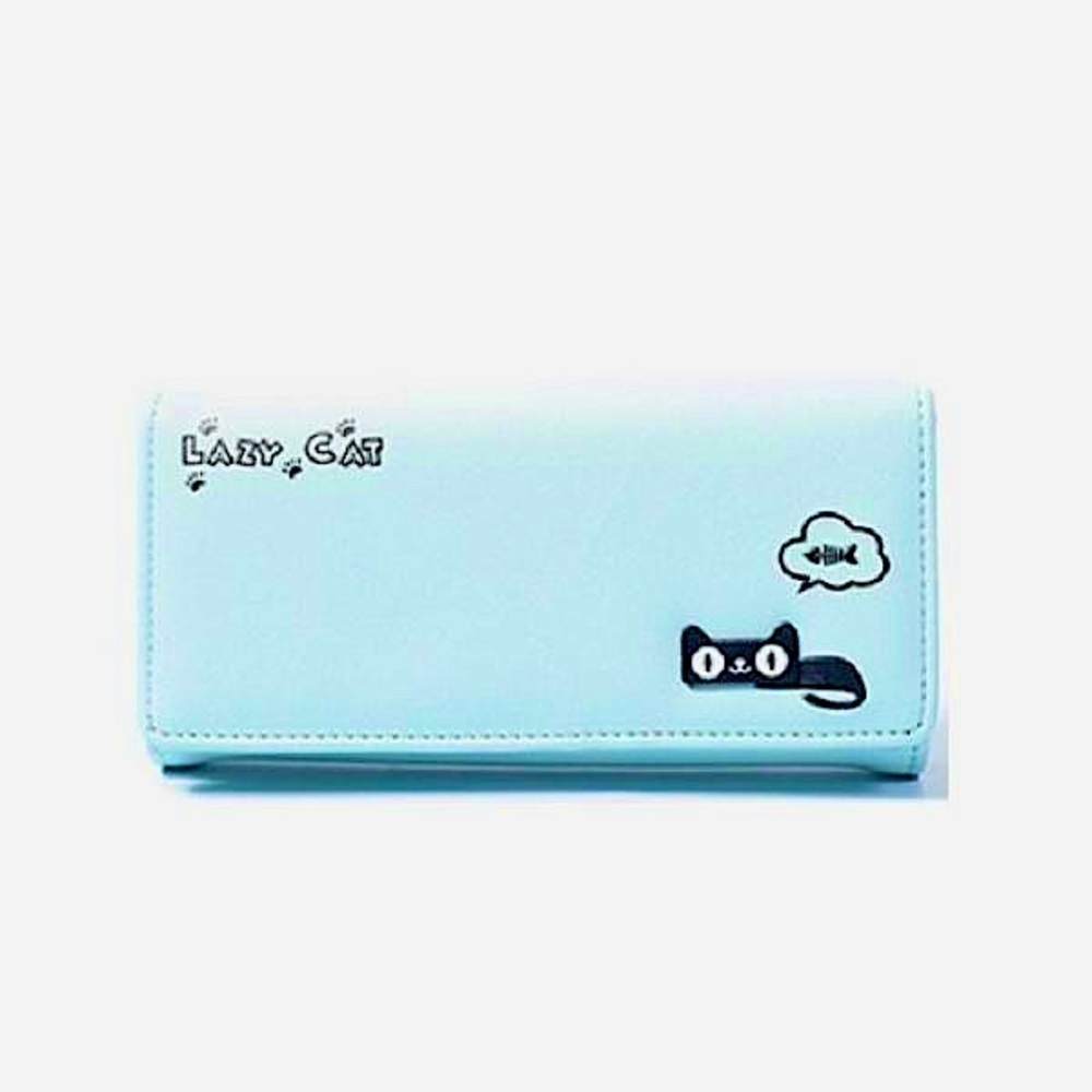 Lazy Cat Long Trifold Wallet, Aqua, Faux Leather, Envelope Style, Cute